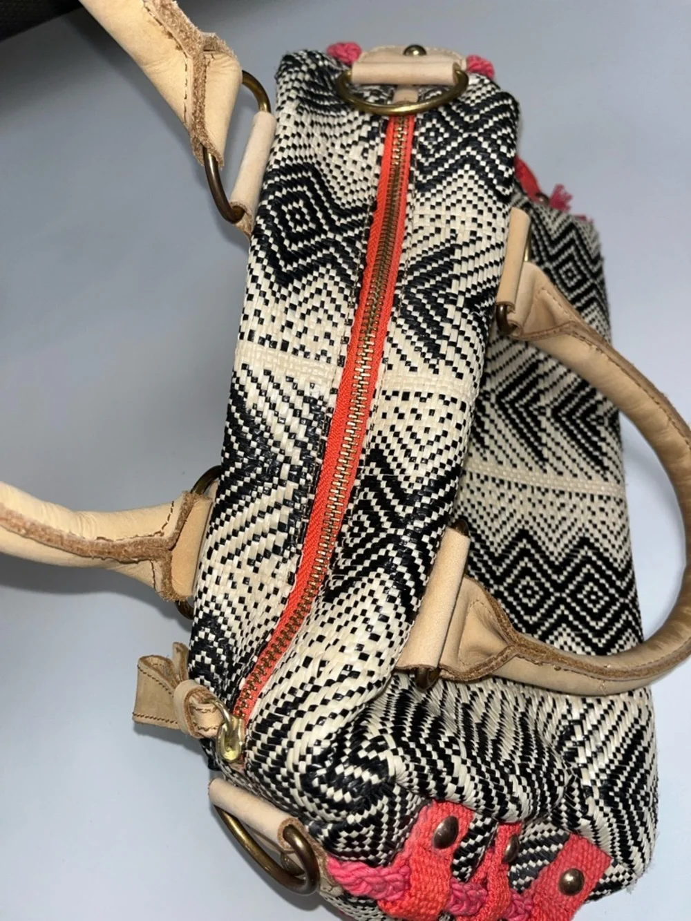 Miss Albright Speciality Woven Chevron Satchel Handbag in Black, Cream & Red